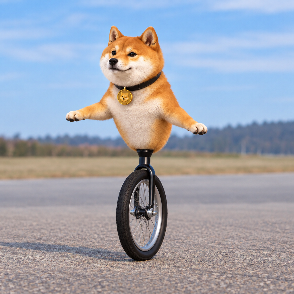 Shiba Inu balancing on a unicycle on an open road